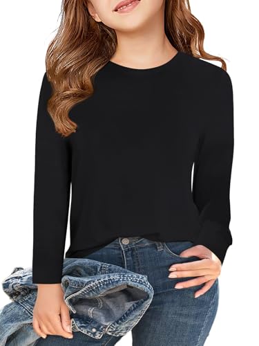 Haloumoning Langarm T-Shirt Mädchen Rundhals Basic Tops Kinder Einfarbige Niedlich Langarmshirt Casual Oberteile 5-14 Jahre, Schwarz, 13-14 Jahre