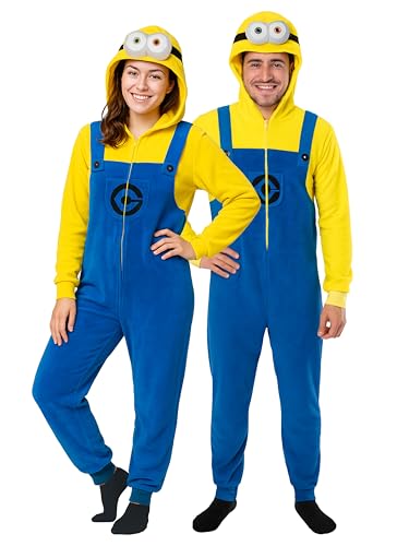 United Labels Minions Kostüm für Erwachsene, L, Gelb Blau, Jumpsuit Unisex, Overall mit Kapuze, Einteiler für Karneval Mottoparty