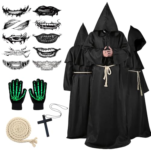 Ligtmor Halloween Kostüm Herren, Mönch Kostüm Priester Gewand mit Kapuze Mittelalterliche Kapuze Herren Männer Mönchskutte für Halloween Party Cosplay(Schwarz, L)