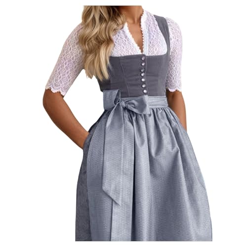 Dirndl Damen Midi Trachtenkleid Trachtenmode Trachtenrock Einfarbig Kleid 2 teilig Oktoberfest Outfit mit Dirndlschürzen Grau M