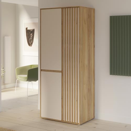 Forte ELISTON Kleiderschrank 80 90, moderner Kleiderschrank mit Lamellendesign, 2-türig, Holzwerkstoff, Schlafzimmer, Mauvella Eiche Holzdekor|Kashmir Beige, 84 cm breit x 200,1 cm hoch x 54 cm tief