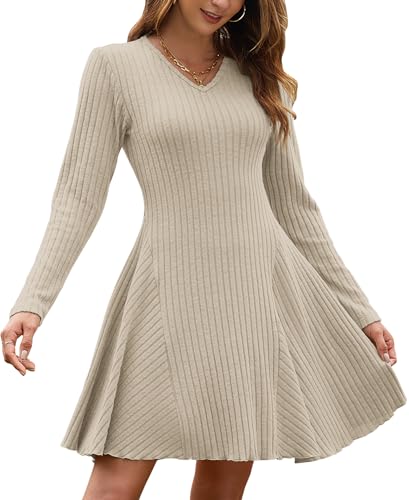AUSELILY Herbstkleid Damen Leichte Strickkleid A Linie Langarm Kleid Herbst V Ausschnitt Winterkleid Elegant Pulloverkleid Aprikose L