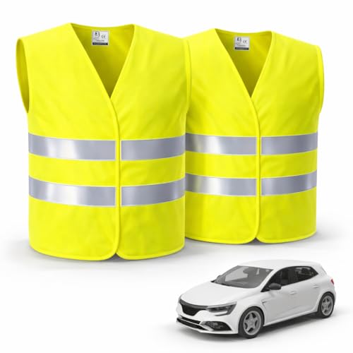 2X Warnwesten Auto gelb ISO20471 Sicherheitsweste - Pannenweste Unfallweste 2026 - Weste Neongelb reflektierend Auto, Pkw, LKW - Autozubehör (2er-Wanweste-gelb)