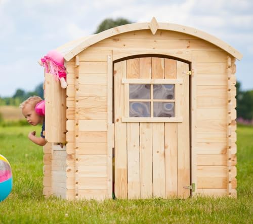 Timbela Kinderspielhaus aus Holz OHNE BÖDEN - Spielhaus im Freien für Kinder - B112xL146xH145 cm/1,1m2 Gartenspielhaus - Garten-Sommerhaus für Kinder M505