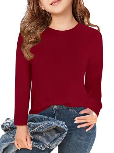 Haloumoning Mädchen T-Shirt Langarm Rundhals Tops Kinder Einfarbige Niedlich Langarmshirt Casual Basic Oberteile 5-14 Jahre, Rot, 9-10 Jahre