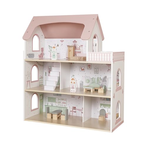 Großes Holz Puppenhaus rosa mit 14-TLG. Zubehör | 3-stöckige Villa mit Möbeln & Figuren | Kinder Puppenhaus ab 3 Jahren aus MDF & Kiefernholz