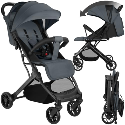 tectake® Buggy Kinderwagen von 0 bis 3 Jahre, Wagen für Baby Erstausstattung Neugeborene und Kinderbuggy, einhändig faltbarer Reisebuggy, Reisekinderwagen, Baby Wagen mit Verdeck - anthrazit