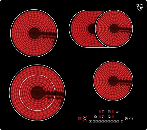 K&H Glaskeramikkochfeld NC-7206 [4 ZONEN] - Herdplatte 4 Kochfelder - Kochfeld 4 Platten Autark - Kochplatten 4er - Starkstrom-Anschluss - Kein Stecker Enthalten - 59CM 7200 Watt - 9 Leistungsstufen
