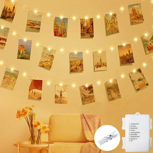 ZAIYW 5M 50 LED Foto Lichterkette Klammern mit Auto Timer, 8 Modi Lichterkette Fotoclips Batteriebetriebene mit 30 Klammern für Fotos Wand Wohnzimmer Hochzeiten Party