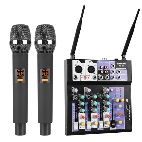 SIKUING Audio-Mixer mit 2 drahtlosen Mikrofonen,4-Kanal professionelles DJ-Mischpult Soundboard mit Bluetooth/USB,48V Phantomspeisung,kompatibel mit Computer,Karaoke,Party,Meeting,Studio Aufnahme