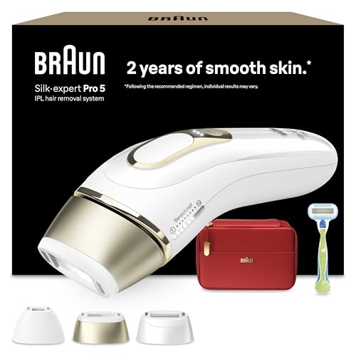 Braun IPL Silk·expert Pro 5 – IPL Geräte Haarentfernung, Dauerhafte und Schmerzfreie Haarentfernung für Zuhause – inkl. Etui, Venus Rasierer, 3 Aufsätze, Designed In Germany – PL5262, Weiß/Gold
