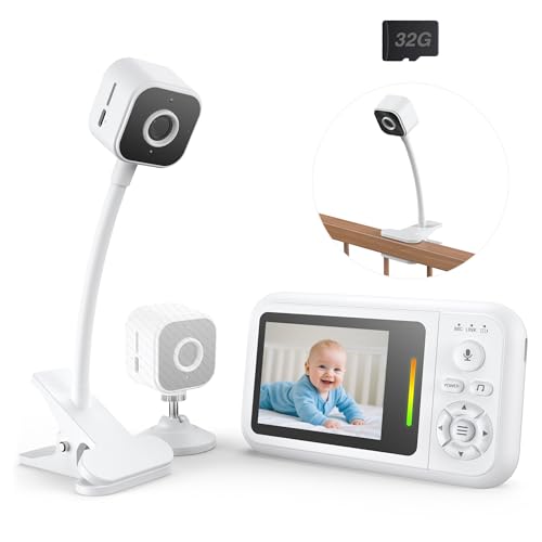 Babyphone mit Kamera Ohne Wlan, 1080P Baby Kamera Monitor mit Halterung & Bettclip, Nachtsicht, 2-Wege Audio, Weinen-Erkennung, 32G Karte, Einfach zu Installierende, Baby Erstausstattung Neugeborene