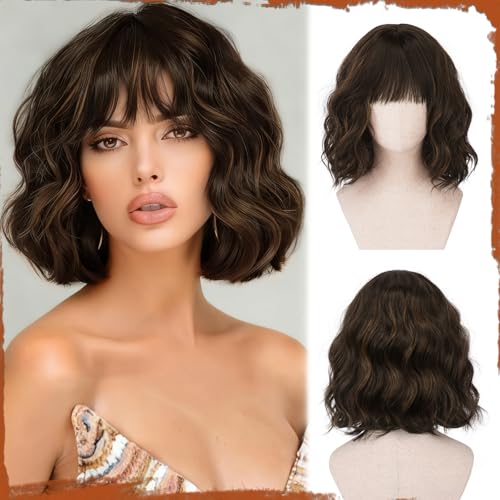 Sofeiyan Kurze Gewellte Bob Perücke mit Pony Damen 30 cm Braun mit Highlights Synthetische Perücke für Frauen Natürliche Lockige Perücke für Cosplay Alltag Party Halloween
