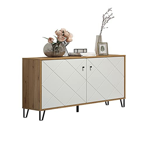 trendteam smart living - Touch - Sideboard - Artisan Eiche/Weiß - Kommode mit 2 Türen und 4 Fächern - (BxHxT) 123 x 76 x 40 cm - Wohnzimmerschrank mit modernen Metallfüßen - kratzfest