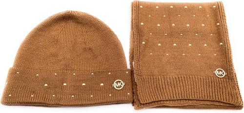 Michael Kors Schal & Mütze SET I Winterschal I Beanie I Wollschal I Wintermütze I One Size I Weiche Acrylwolle I Logo I Goldene Perlen-Pailetten I Goldener Geschenkkarton BRAUN4495