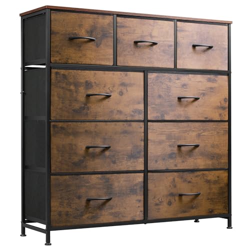 WLIVE Kommode mit 9 Schubladen aus Stoff, Kommodenschrank für Schlafzimmer, Kommode Wohnzimmer, mit Stabiler Stahlrahmen, Vintagebraun-Schwarz