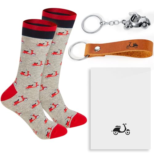 Otuuz 4 Stück Motorrad Geschenke Leder Moped Schlüsselanhänger Roller Motorroller Socken Retro Metall Scooter Grußkarte Schlüsselanhänge für Herren Damen Motorrad Liebhaber Geburtstag(Rot)