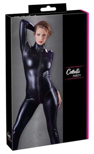 COTTELLI langarm Overall - figurbetonter Overall im Wetlook für Damen, verführerischer Einteiler mit Reißverschluss, sexy Bodysuit, Schwarz