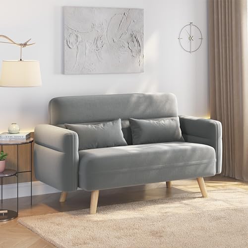 Yaheetech Kleines Sofa Mini Gepolsterte Couch mit 2 Lendenkissen Loveseat Sitzfläche 96 × 51 cm für Loft/Apartment/Spielzimmer Hellgrau