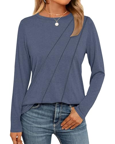 WNEEDU Damen Langarmshirt Lose Rundhals Pullover Damen Sweatshirt Oberteile Herbst Winter Casual Falten Tunika Tops Grau Blau M