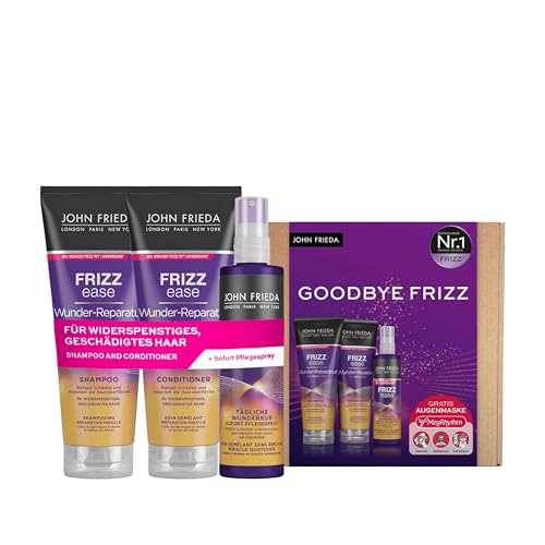 John Frieda Frizz Ease Wunder Reparatur Vorteils-Set - Shampoo, Conditioner, Sofort-Pflege-Spray und MegRhythm Augenmaske - Wohlfühlprogramm für Zuhause