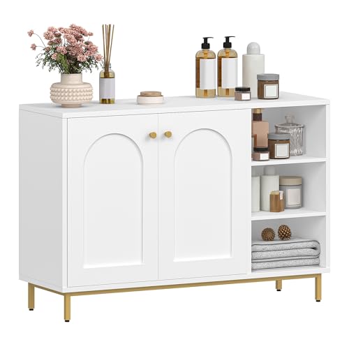 Hzuaneri Badezimmerschrank, Sideboard, Küchenschrank mit 2 Türen, Beistellschrank, Badschrank mit offenem Fach, Kommode, verstellbare Ablage, Badezimmer, 35 x 100 x 75 cm, Weiß-Gold SC10203G