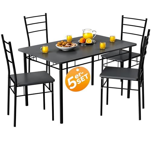 Casaria® Esstisch mit 4 Stühlen Holz 5-TLG Set Metall 110x70cm Industrial Modern Esszimmer Küche Stühle Tisch Möbel Essgruppe Sitzgruppe Leo Anthrazit
