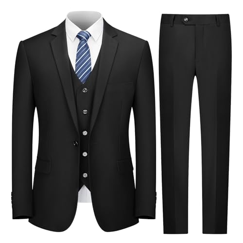 Cooper & Nelson Herrenanzug Slim Fit, 3-teilige Anzüge für Männer, EIN-Knopf-Jacke, Weste, Hose mit Krawatte, Smoking-Set, Schwarz, M