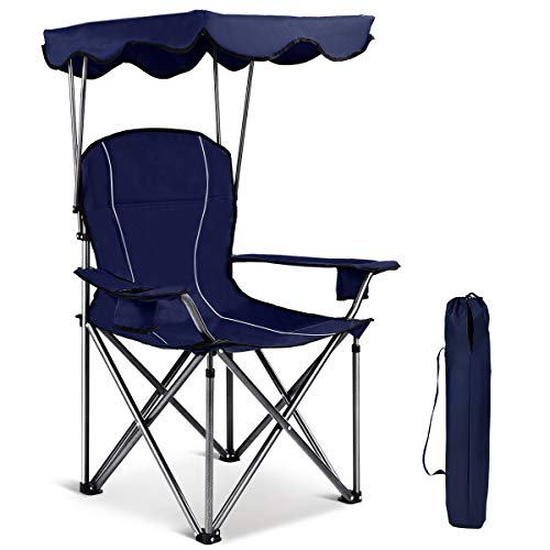 GOPLUS Campingstuhl mit Baldachin, Klappbarer und Tragbarer Strandkorb, mit Armenlehnen und Getränkehaltern, Belastbar bis 130 kg, Ideal für Camping, Strand, Garten, Pool und mehr (Blau)