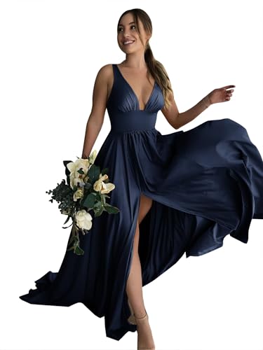BABYONLINE D.R.E.S.S. Cocktailkleid für Damen, schick, lang, Empire-Taille, V-Ausschnitt, rückenfrei, mit Schlitz, marineblau, 36