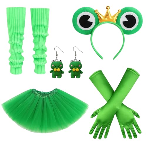BrKern 5 Stück Froschkönig Kostüm für Erwachsene & Damen - Tutu Tüllrock, Frosch Haarreif, Beinsocken, Handschuhe, Ohrringe - Elegantes Karneval, Fasching & Cosplay Outfit