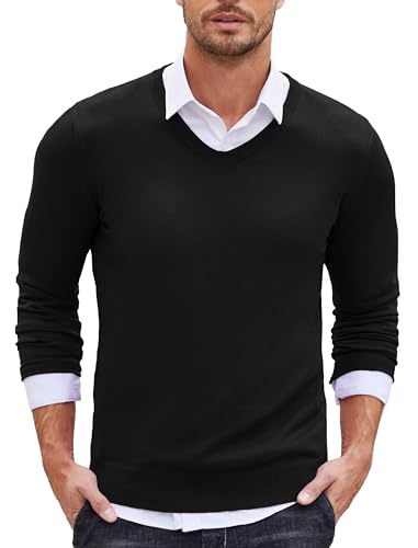 COOFANDY Herren V Ausschnitt Pullover Slim Fit Langarm Sweater Winter Männer Strickpullover Pulli Herren Schwarz L