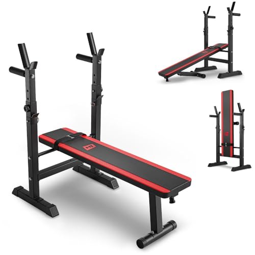 Hop-Sport Hantelbank Klappbar, Multifunktional Trainingsbank mit Langhantel-Ablage und Dip Station, Ideal für Bauchtrainer, Krafttraining & Fitness Zuhause - Max. Belastbarkeit 250 kg