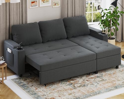 Devoko Ecksofa mit Schlaffunktion und Bettkasten 3 Sitzer Schlafsofa Ausziehbar L Form Couch klein Schlafcouch Wohnlandschaft für Wohnung und Wohnzimmer Dunkelgrau