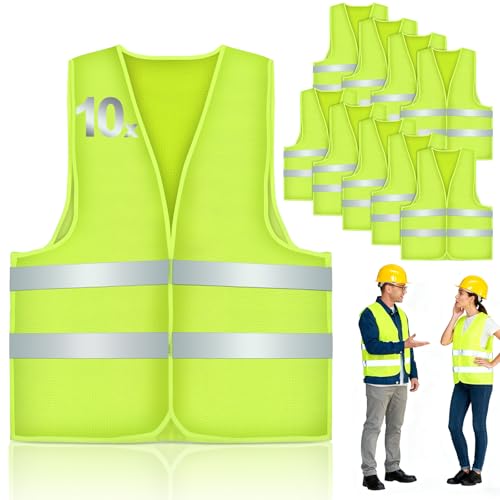 Mkitnvy Warnwesten Auto 10 STK, Warnweste Pannenweste Warnwesten Neongelb Sicherheitsweste Westen Auto, Weste Neongelb Reflektierend High Visibility Vest für Autofahrern Fahrern Arbeitskräften