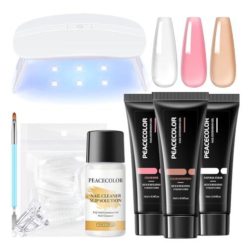 PEACECOLOR Poly Nail Gel Nägel Set, 3 Farben Rosa, Blanco, Nude Nagelset Gelnägel Starterset Gel Nägel Selber Set mit UV Lampe, Poly Nagelverlängerung Poly Extension Gel Set Geschenk für Frauen