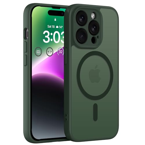 ORDA Magnetisch Hülle für iPhone 14 Pro 6,1 Zoll Kompatibel mit MagSafe, Transluzente Matt Rückseite Dünn Kameraschutz Stoßfest Handyhülle für iPhone 14 Pro (Grün)