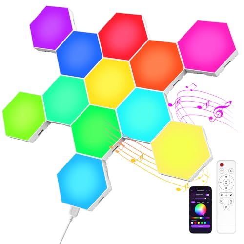 Hexagon LED Panel RGB 12 Stück Smart Lights Sechseck Wandleuchten Gaming Wand Licht mit Musik Sync & App-Steuerung Lichtpanels für Spielzimmer-Leuchte, Wohnzimmer, Schlafzimmer, Club und Partydeko