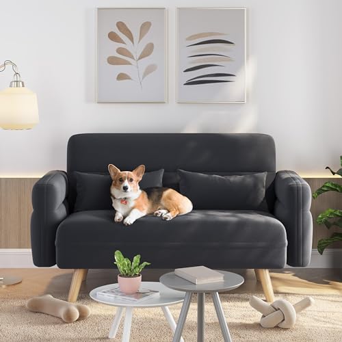 Yaheetech Kleines Sofa Mini Gepolsterte Couch mit 2 Lendenkissen Loveseat Sitzfläche 96 × 51 cm für Loft/Apartment/Spielzimmer Dunkelgrau