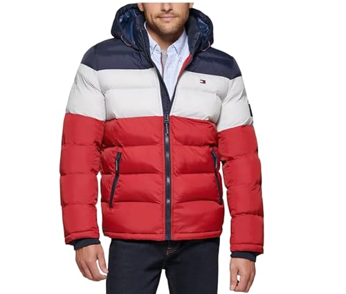 Tommy Hilfiger Herren Hooded Puffer Jacket Daunenoberbekleidung, Midnight/White/Red, M