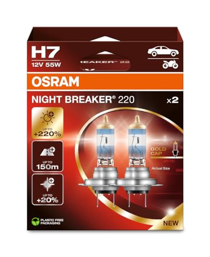 Osram NIGHT BREAKER 220, H7, +220% mehr Helligkeit, Halogen-Scheinwerferlampe, 64210NB220-2HB, Faltschachtel (2 Lampen), white