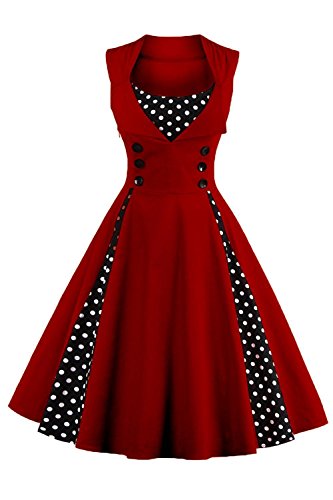 Axoe Damen 50er Jahre Cocktailkleid Rockabilly Elegantes Faltenrock Festliches Partykleider Vintage Kleid Audrey Hepburn Abendkleider mit Polka Dots Knielang, Weinrot, L (40/42 EU)