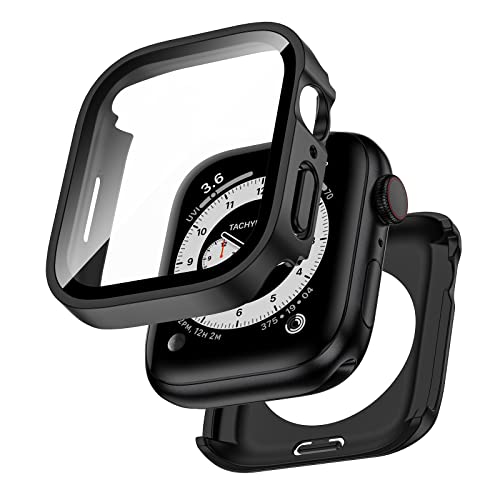 Kawoco 2 in 1 Wasserdichtes Hülle für Apple Watch Series 6/5/4/SE/SE2 44mm mit Eingebaut Kratzfest Gehärtetes Glas Schutzfolie, HD Hochempfindliche Schutzhülle für iwatch 44mm, Schwarz