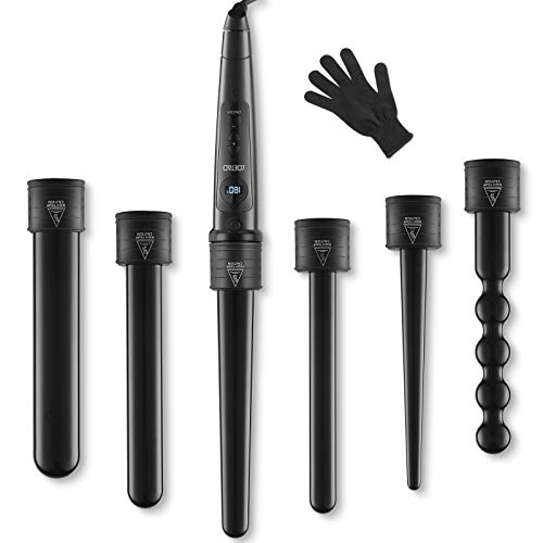 LOETAD 6 in 1 Lockenstab Multifunktions Austauschbaren LED Temperatur Einstellbar Keramikbeschichtet Lockenwickler für Große Kleine Locken Schwarz