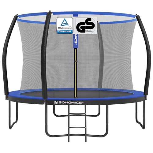 SONGMICS Trampolin 305 cm d, Gartentrampolin für Kinder mit Sicherheitsnetz, 180 cm hohe gebogene Stangen, Randabdeckung, Leiter, Stahlrahmen, schwarz-blau STR10BK