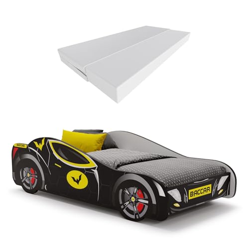KOBI | BATCAR Kinderbett | Superheld | Für das Kinderzimmer | Autobett für Jungen | Set mit Matratze und Gestell (160x80)