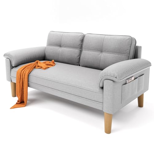 Xbro Couch 2 Sitzer, Kleine Sofa 2 Sitzer mit Armlehne und Seitentasche, Modernes Stoffcouch für Wohnzimmer,Wohnung,Büro,Einfache Montage, 144 x 77 x 77 cm, Hellgrau