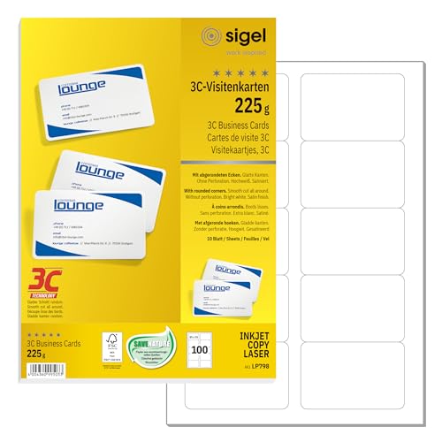 SIGEL LP798 bedruckbare Karten, 100 Stück (10 Blatt A4), hochweiß, abgerundete Ecken, Visitenkarten, Blanko Spielkarten zum Beschriften, glatter Schnitt, 225 g, 85x55 mm, nachhaltiges Papier
