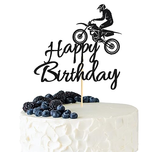 Arthsdite 1 x Motorrad-Happy Birthday-Kuchenaufsatz, schwarzer Blitz-Kuchenspieß, Dirt-Bike-Geburtstagsparty-Kuchendekoration, Motocross-Sport-Thema-Kuchenaufsatz