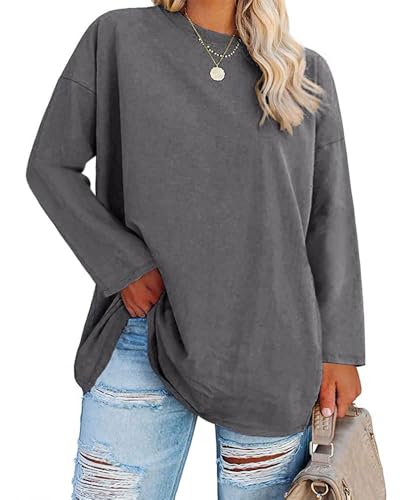 Fisoew Große Größen Langarmshirt Damen Oversize Plus Size T Shirts Rundhalsausschnitt Pullover Basic Tunika Tops Oberteile,Dunkelgrau,3XL